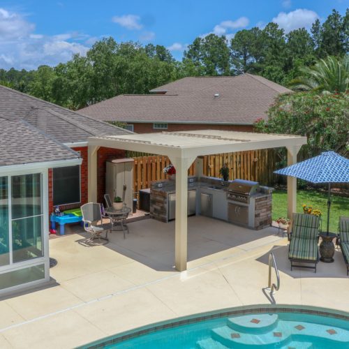 Outdoor covered Equinox Louvered Roofs with pool