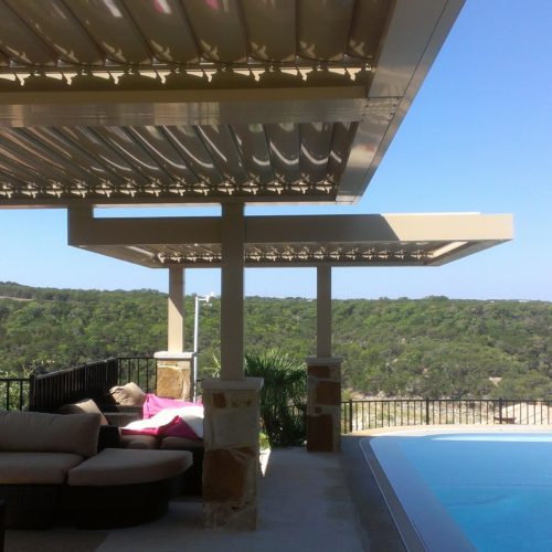 A scaled version of a two-tiered outdoor space with Equinox Roofing near a pool, providing functionality and elegance.