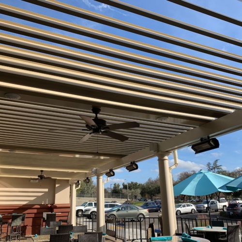 Alternate angle of Open louvers on a motorized pergola