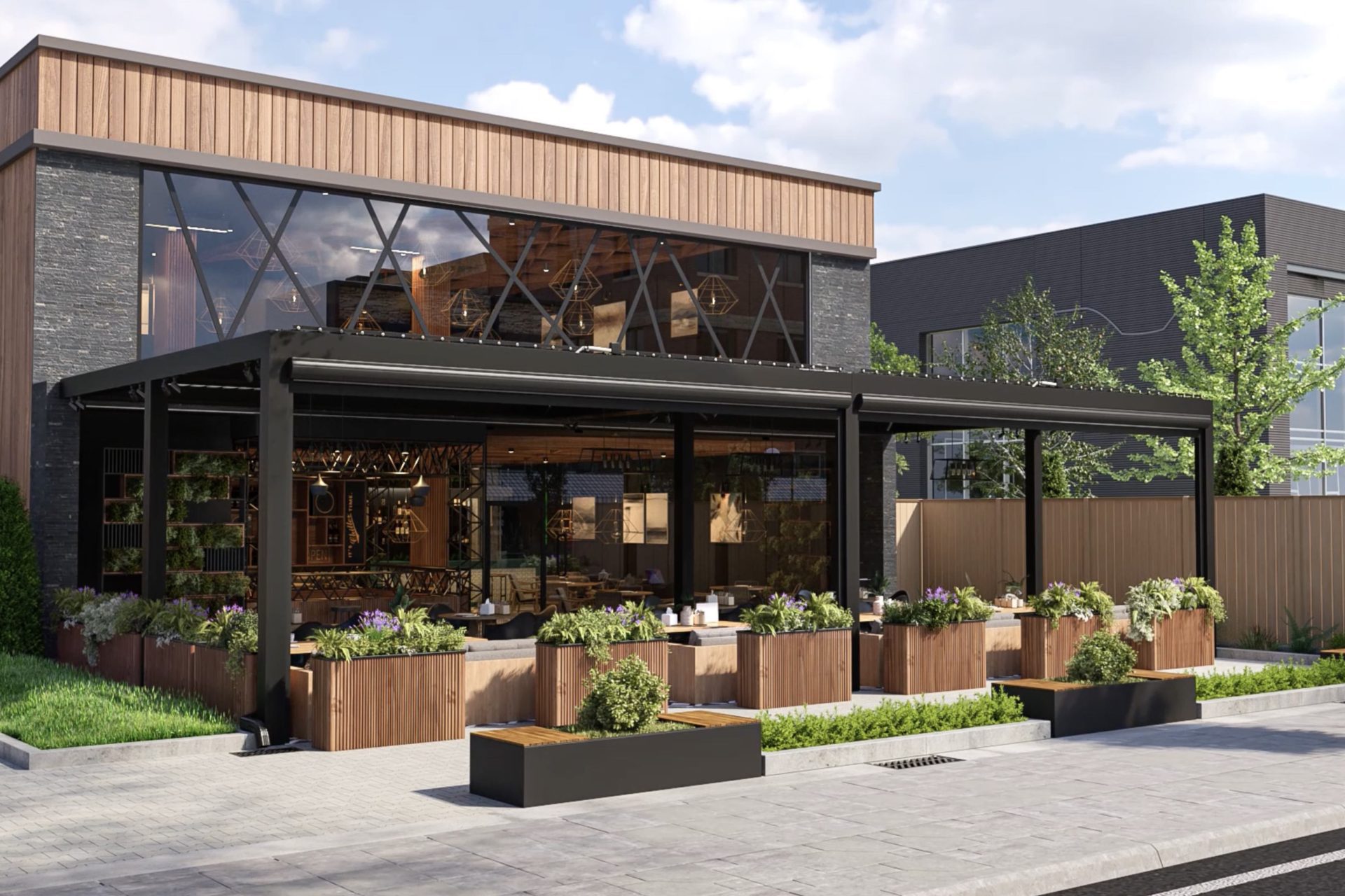 A pergola at a commercial property on a sunny day